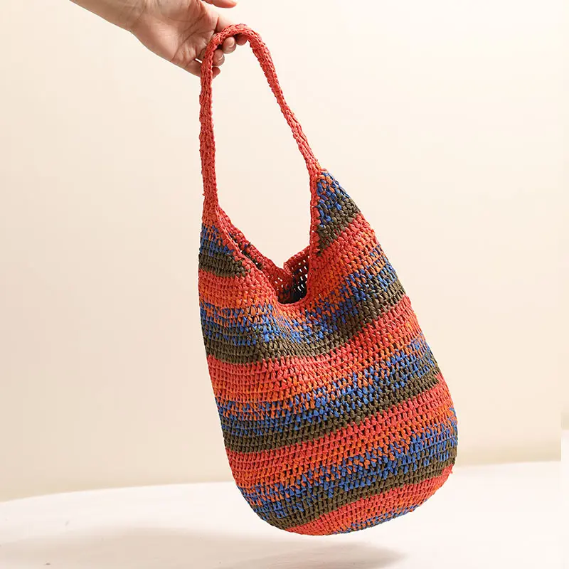 Summer Colorful Striped Hobo Tote Bag Soft Crochet Beach Shoulder Bag Travel Knitting Woven Straw Bags for Women Bucket Handbags