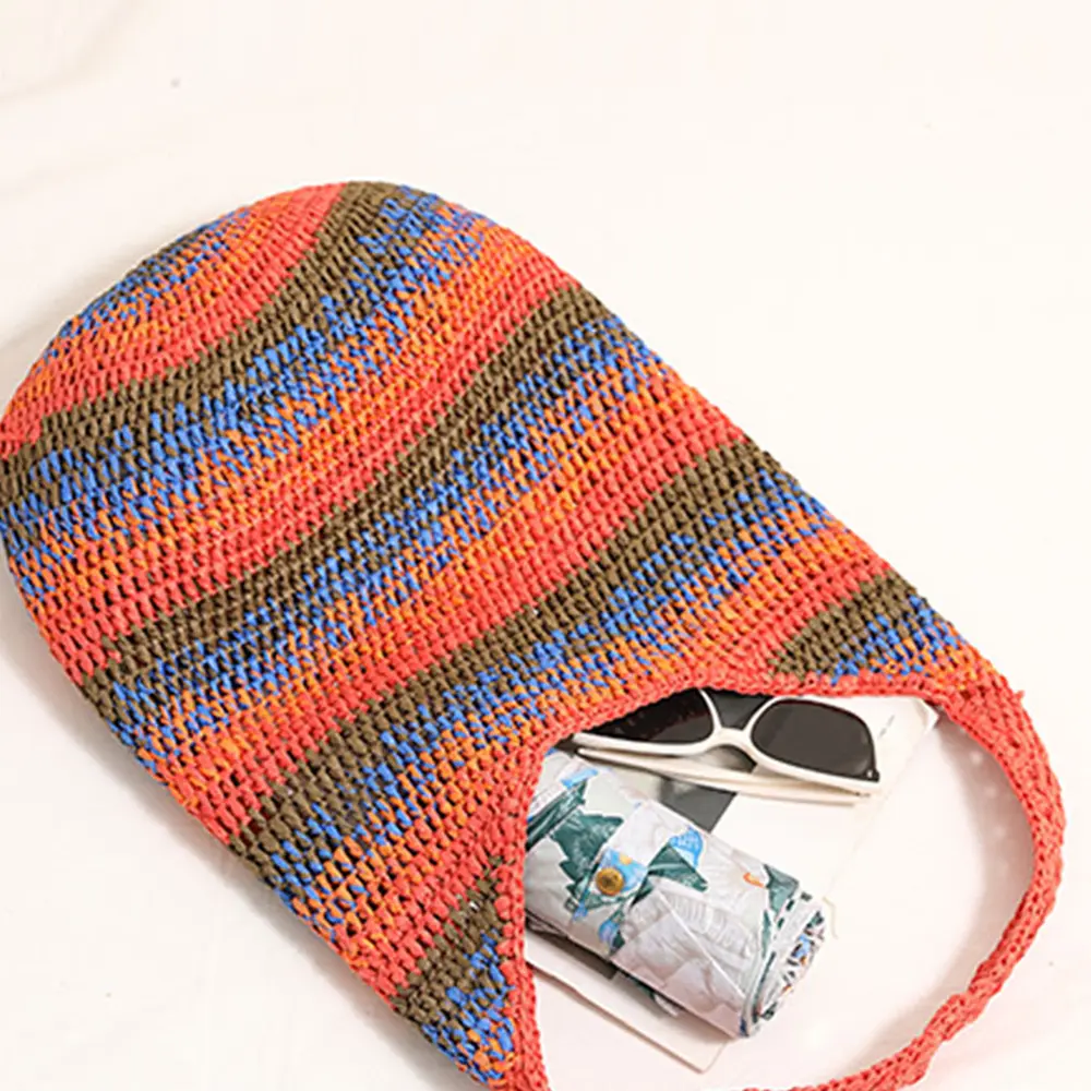 Summer Colorful Striped Hobo Tote Bag Soft Crochet Beach Shoulder Bag Travel Knitting Woven Straw Bags for Women Bucket Handbags