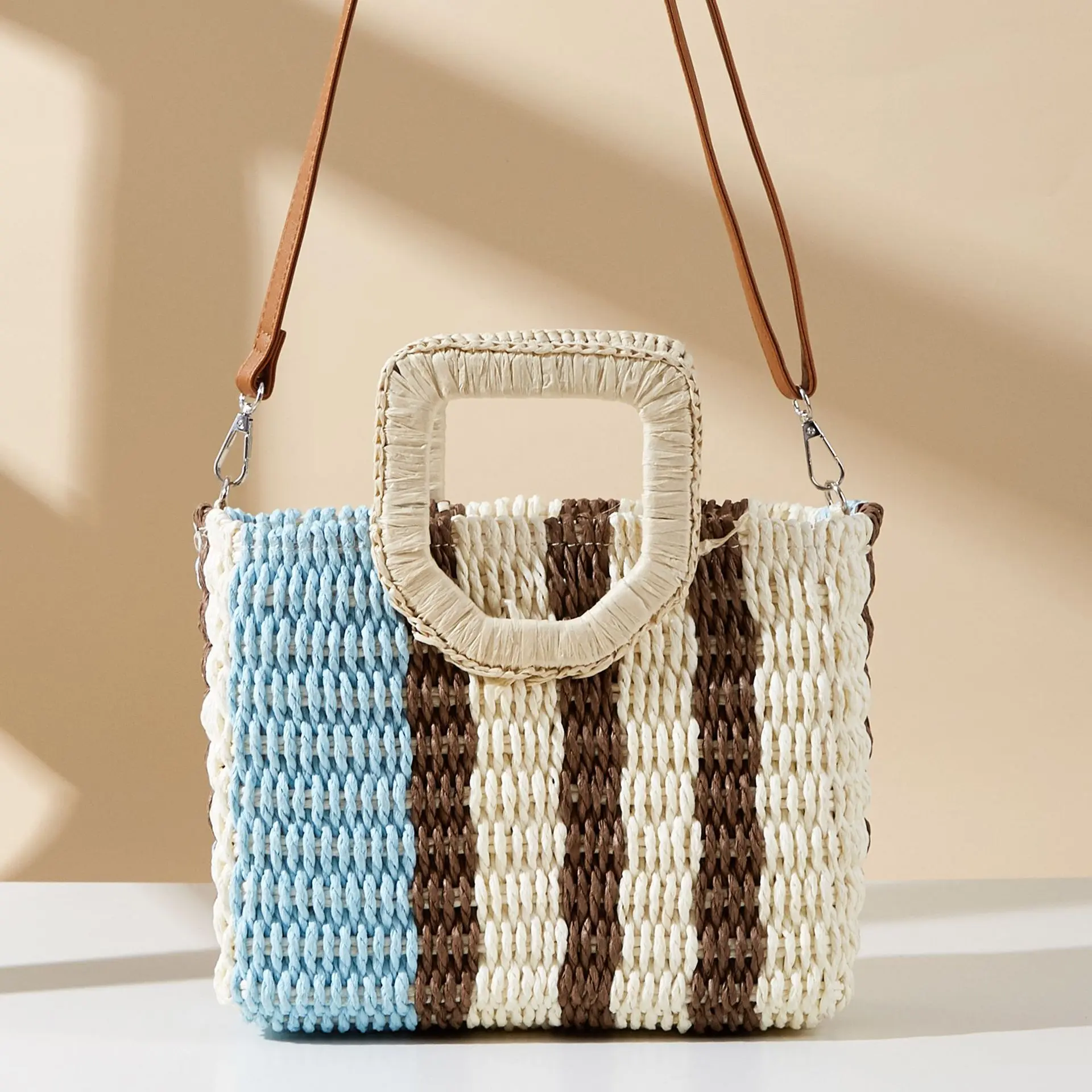 Color Striped Box Bag Summer Woven Beach Bags for Women Handbags Paper Rope Knitting Straw Bag Travel Shoulder Crossbody Bags