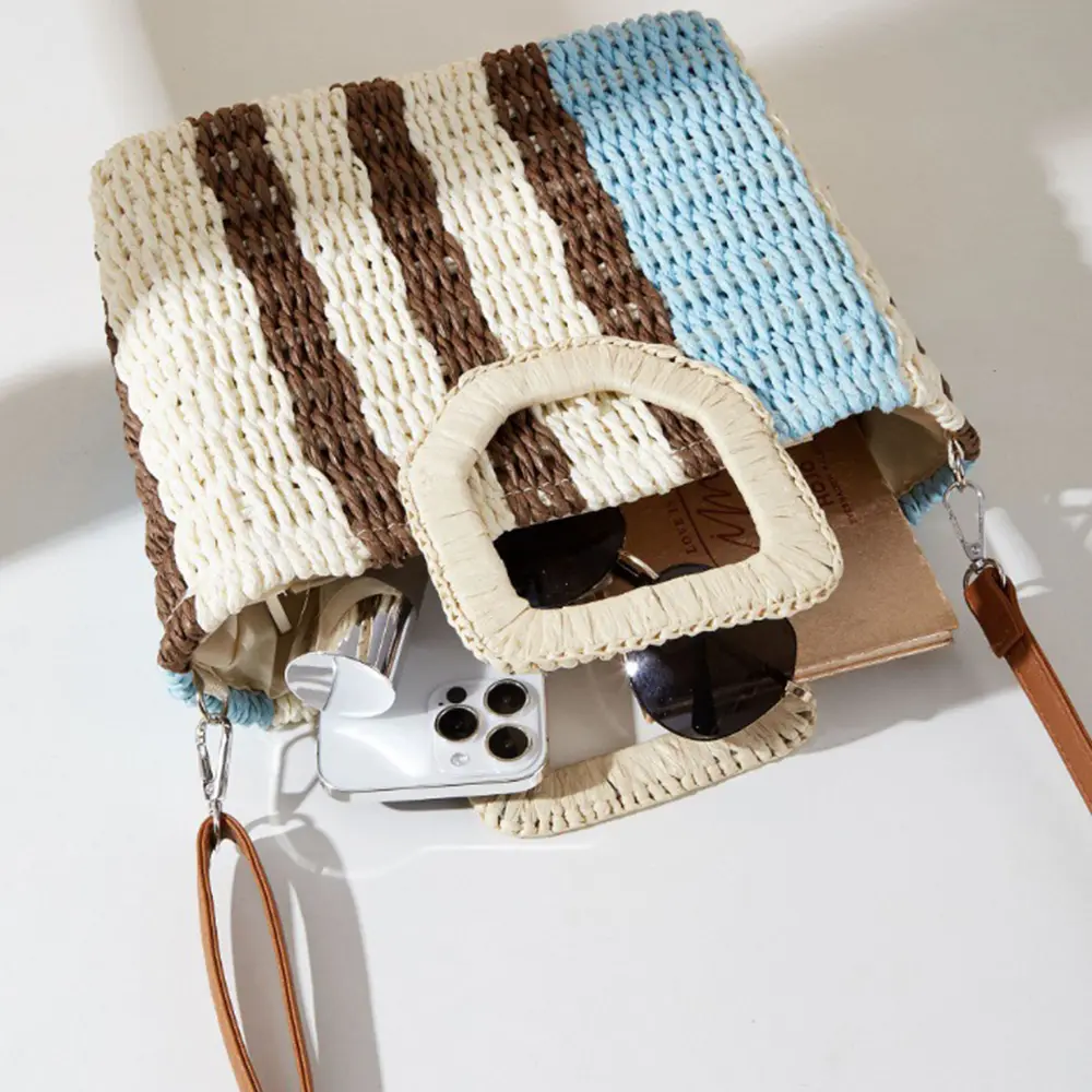 Color Striped Box Bag Summer Woven Beach Bags for Women Handbags Paper Rope Knitting Straw Bag Travel Shoulder Crossbody Bags