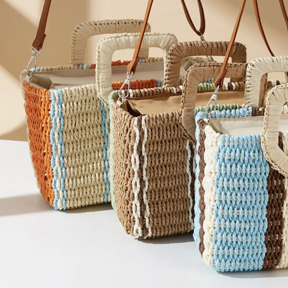 Color Striped Box Bag Summer Woven Beach Bags for Women Handbags Paper Rope Knitting Straw Bag Travel Shoulder Crossbody Bags