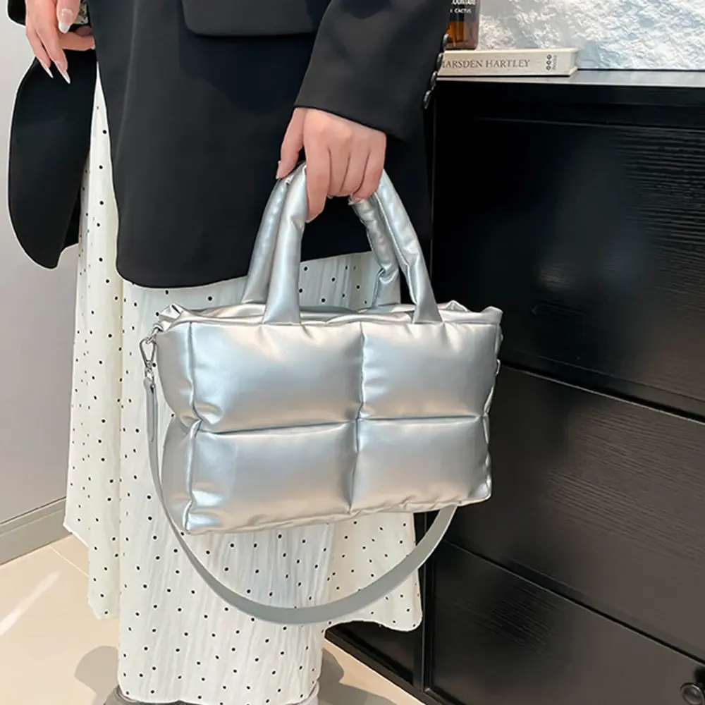 Luxury Soft Pu Leather Tote Bags for Women Quilted Designer Handbags Cotton Padded Winter Shoulder Bag Space Down Bags 2025 NEW