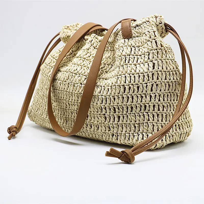 Summer Vacation Travel Beach Bags for Women Handbag Bohemian Ruched Woven Bag Crochet Straw Bag Soft Drawstring Shoulder Bags