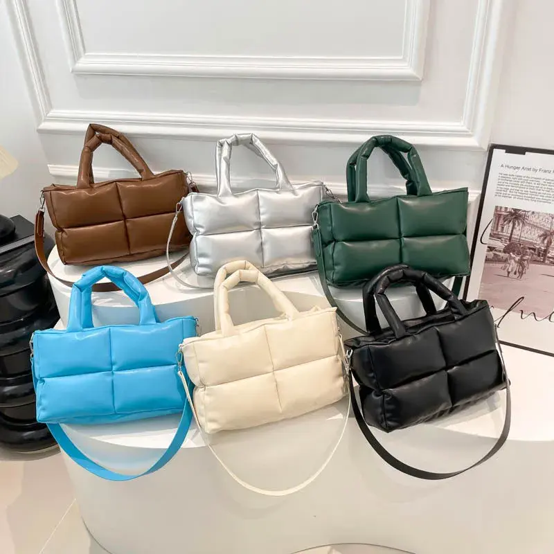 Luxury Soft Pu Leather Tote Bags for Women Quilted Designer Handbags Cotton Padded Winter Shoulder Bag Space Down Bags 2025 NEW