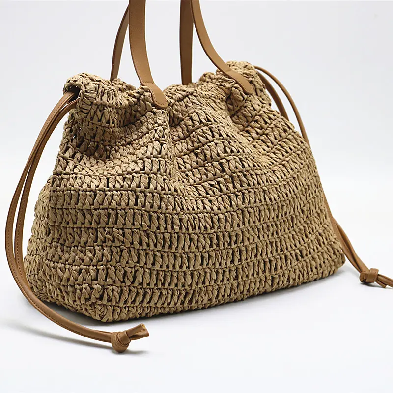 Summer Vacation Travel Beach Bags for Women Handbag Bohemian Ruched Woven Bag Crochet Straw Bag Soft Drawstring Shoulder Bags