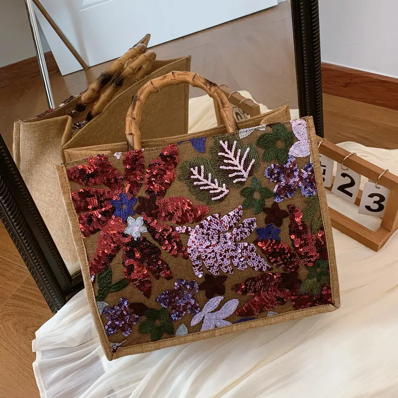 Flower Appliques Tote Bags for Women Faux Bamboo Handle Handbag Embroidery Sequined Travel Beach Bag Linen Shopper Purses Clutch