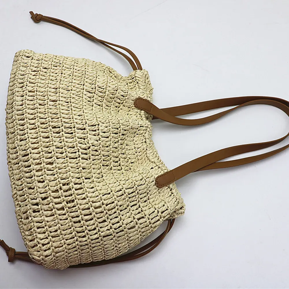 Summer Vacation Travel Beach Bags for Women Handbag Bohemian Ruched Woven Bag Crochet Straw Bag Soft Drawstring Shoulder Bags