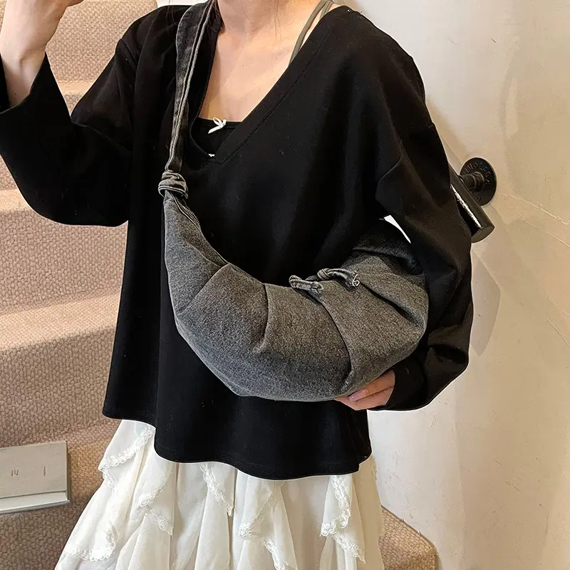 Half Moon Ruched Cloud Bags for Women Shoulder Bag Canvas Crescent Crossbody Bags Fashion Croissant Handbags and Purses Hobo NEW