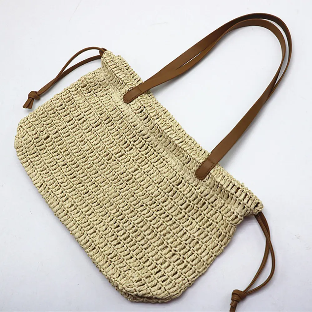Summer Vacation Travel Beach Bags for Women Handbag Bohemian Ruched Woven Bag Crochet Straw Bag Soft Drawstring Shoulder Bags