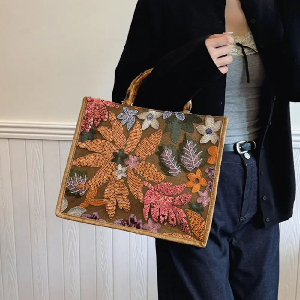 Flower Appliques Tote Bags for Women Faux Bamboo Handle Handbag Embroidery Sequined Travel Beach Bag Linen Shopper Purses Clutch