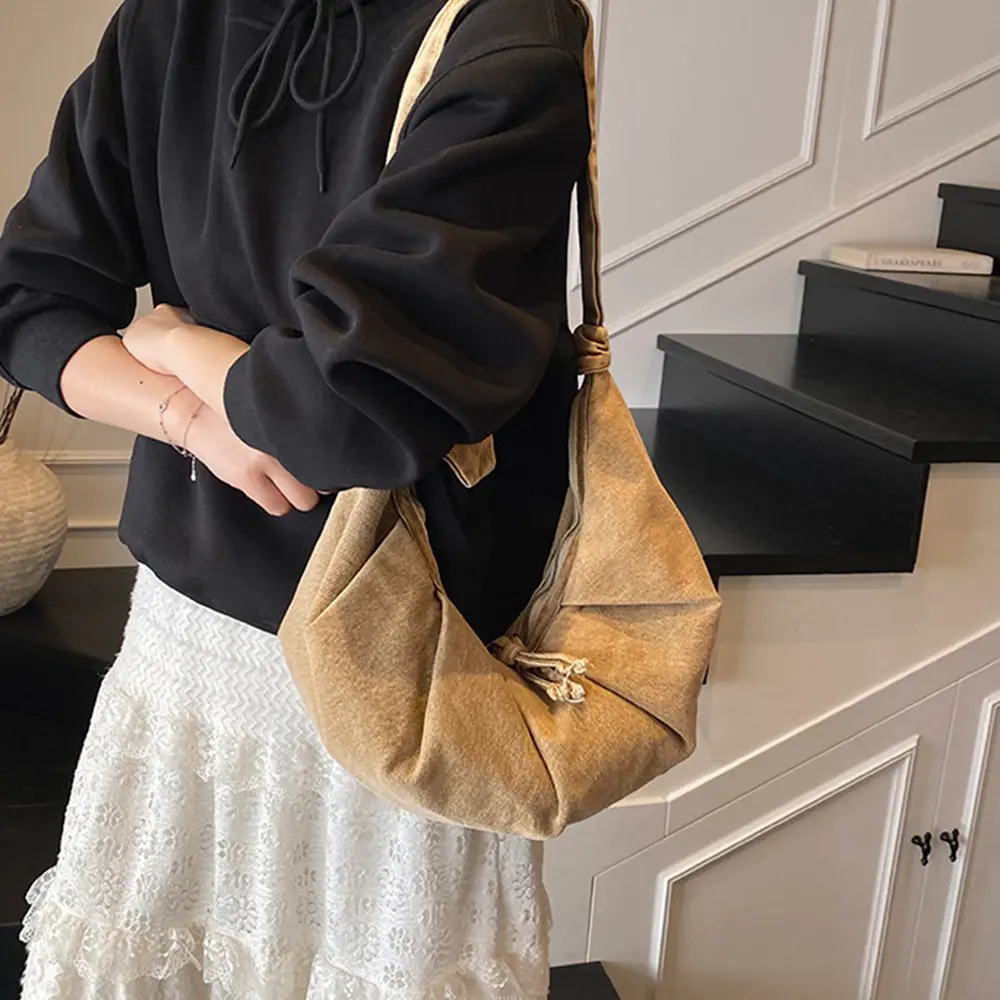 Half Moon Ruched Cloud Bags for Women Shoulder Bag Canvas Crescent Crossbody Bags Fashion Croissant Handbags and Purses Hobo NEW