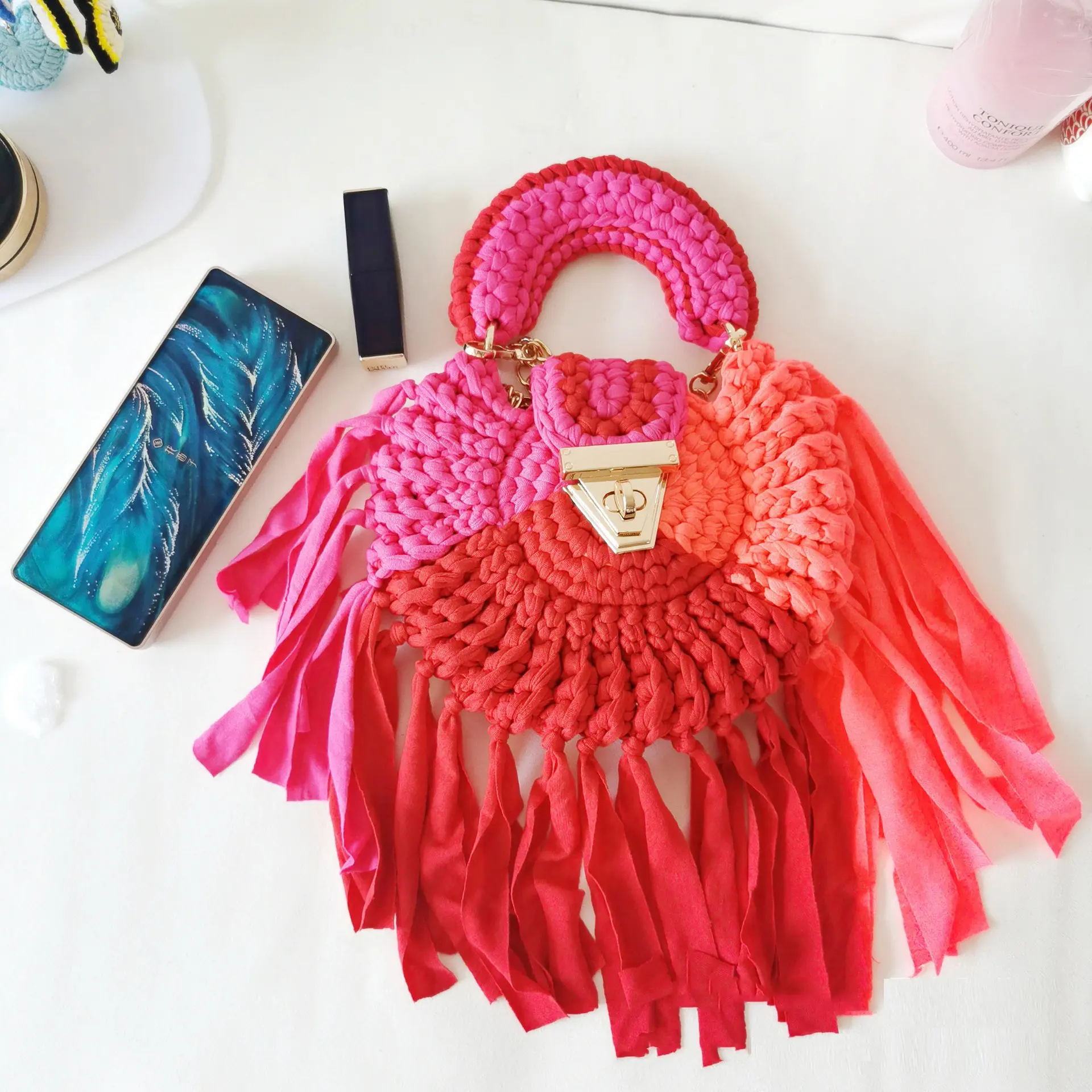 Rope Crochet Round Women Handbag Handmade Tassel Woven Bag Half Moon Knitted Shoulder Crossbody Bags for Women Patchwork Clutch