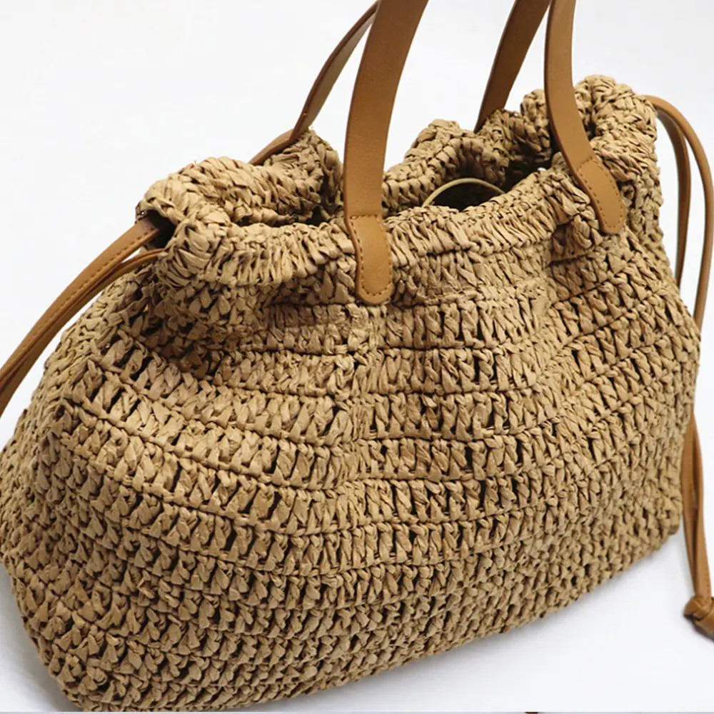 Summer Vacation Travel Beach Bags for Women Handbag Bohemian Ruched Woven Bag Crochet Straw Bag Soft Drawstring Shoulder Bags