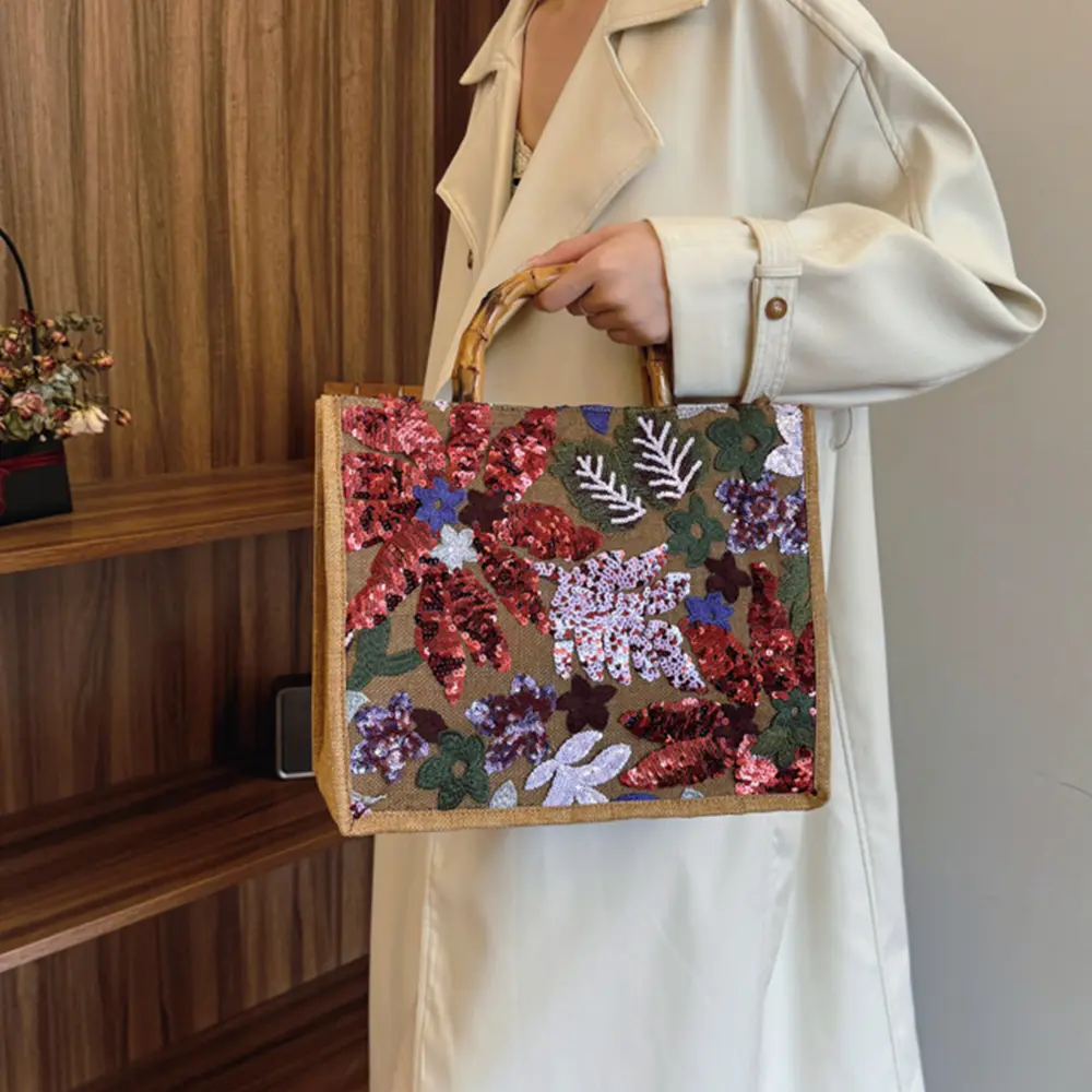Flower Appliques Tote Bags for Women Faux Bamboo Handle Handbag Embroidery Sequined Travel Beach Bag Linen Shopper Purses Clutch
