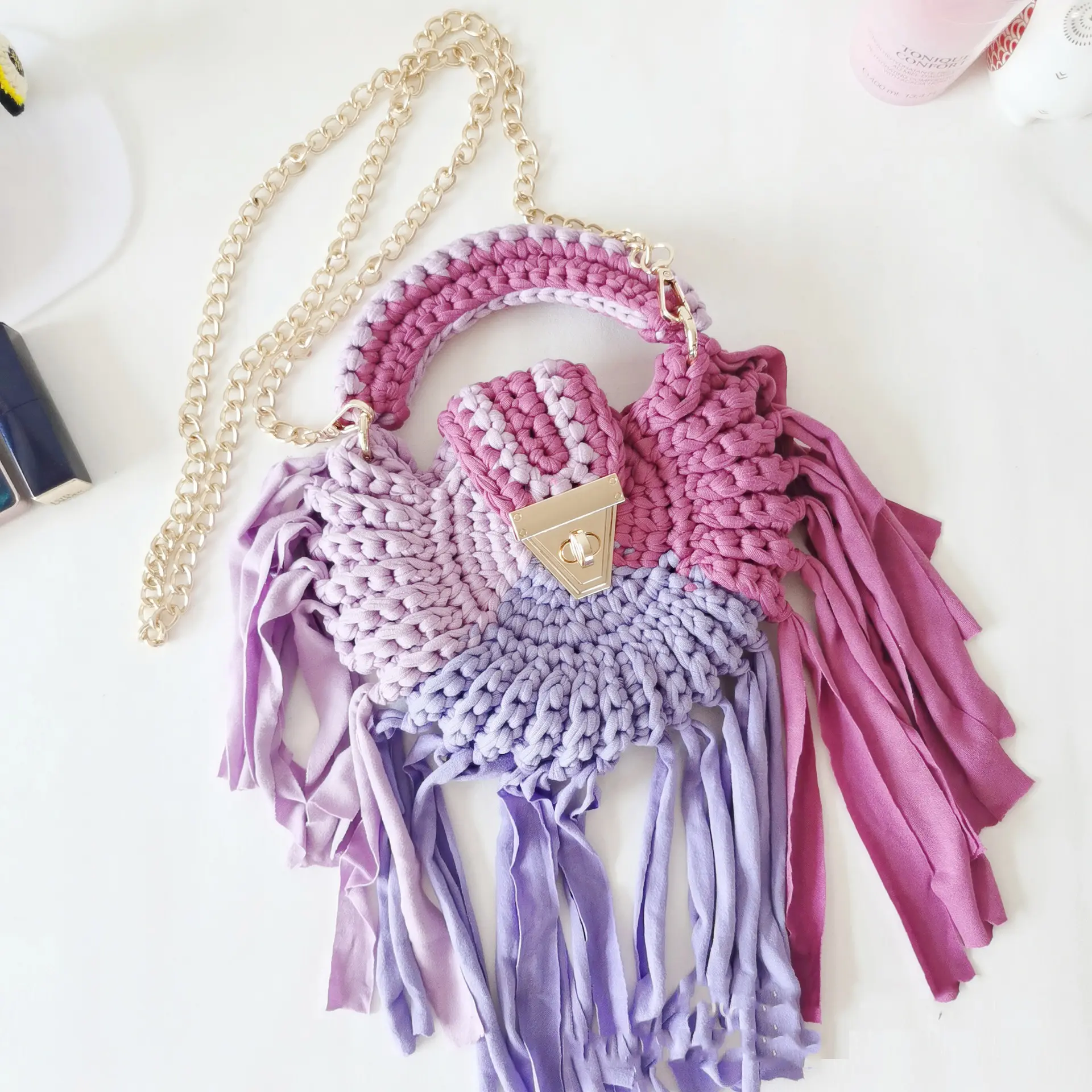Rope Crochet Round Women Handbag Handmade Tassel Woven Bag Half Moon Knitted Shoulder Crossbody Bags for Women Patchwork Clutch