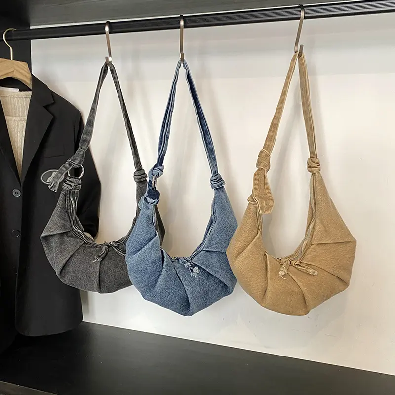 Half Moon Ruched Cloud Bags for Women Shoulder Bag Canvas Crescent Crossbody Bags Fashion Croissant Handbags and Purses Hobo NEW