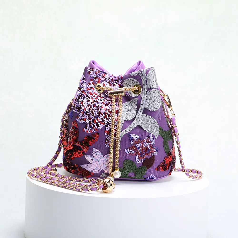 Fashion Flower Sequined Bucket Bag Embroidery Appliques Shoulder Bag Chains Drawstring Crossbody Bags for Women PU Leather Purse