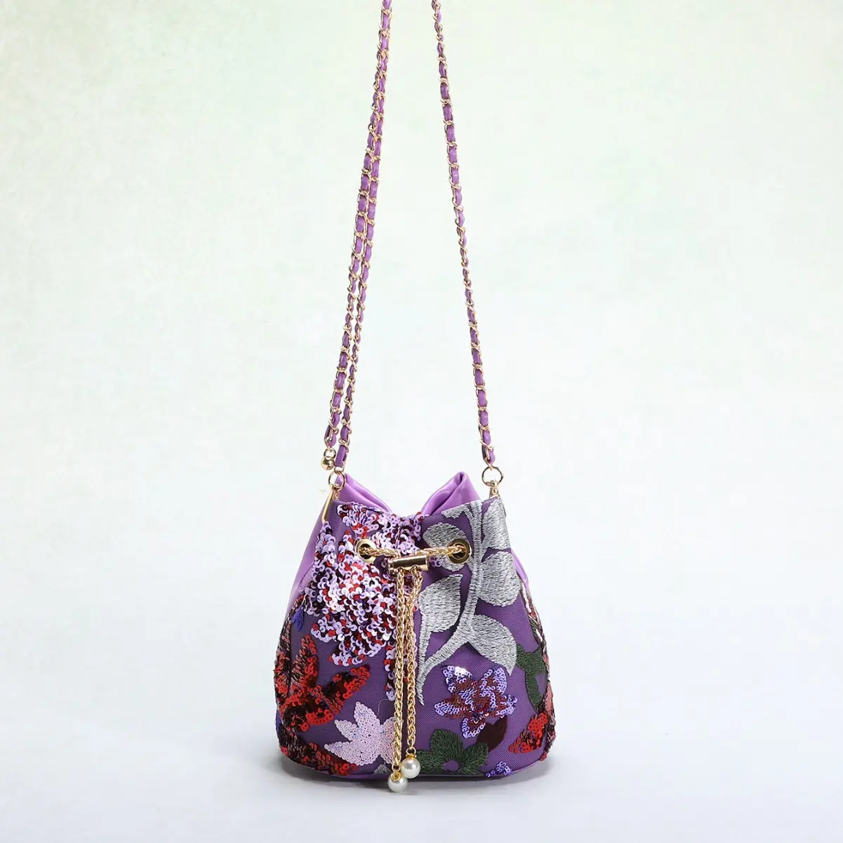 Fashion Flower Sequined Bucket Bag Embroidery Appliques Shoulder Bag Chains Drawstring Crossbody Bags for Women PU Leather Purse