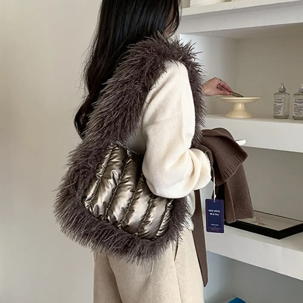 Fluffy Fur Strap Shoulder Bag Nylon Quilted Handbag Designer Bags for Women Cotton Padded Tote Phone Flap Space Down Purses New