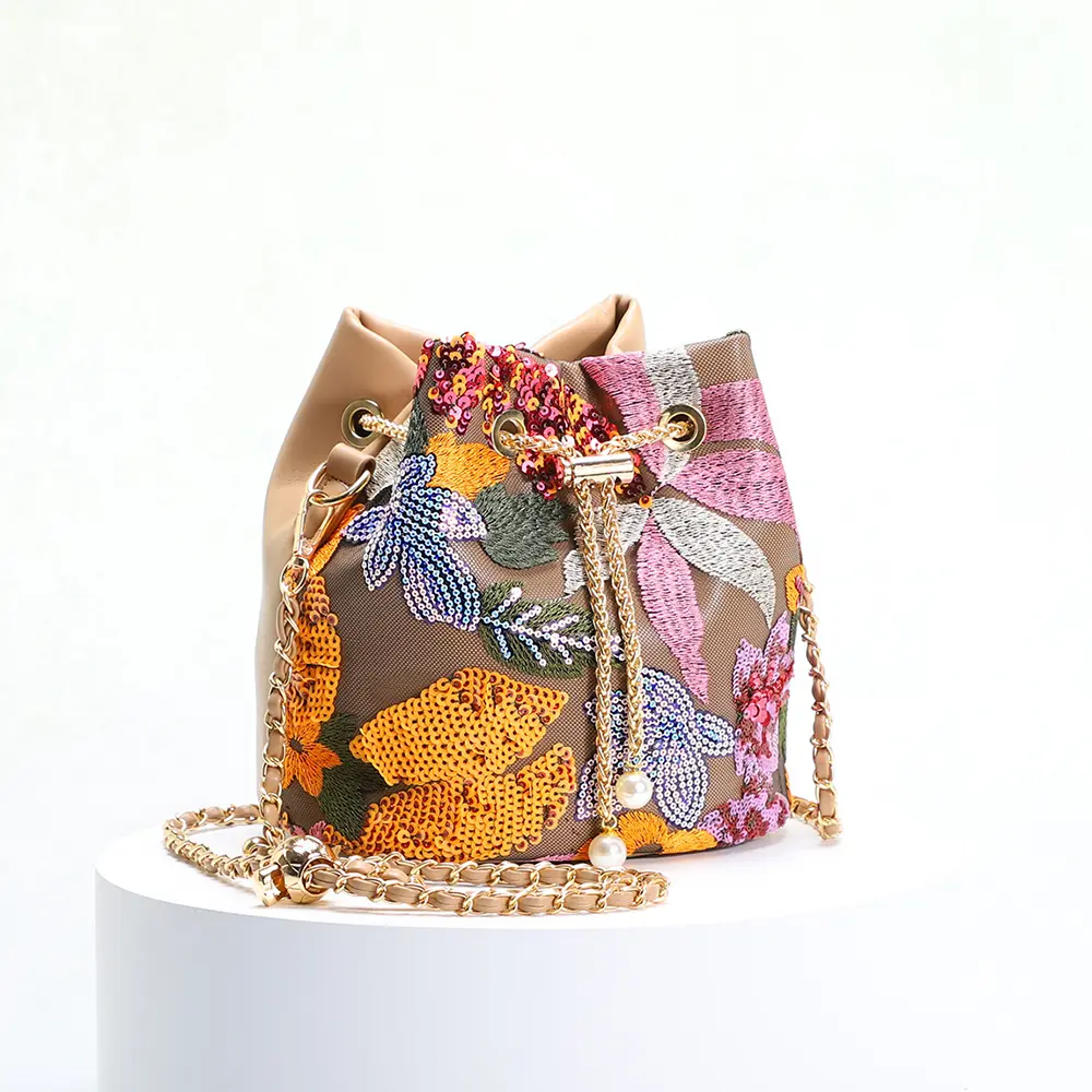 Fashion Flower Sequined Bucket Bag Embroidery Appliques Shoulder Bag Chains Drawstring Crossbody Bags for Women PU Leather Purse