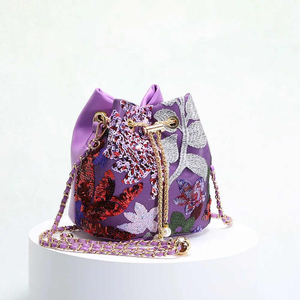 Fashion Flower Sequined Bucket Bag Embroidery Appliques Shoulder Bag Chains Drawstring Crossbody Bags for Women PU Leather Purse