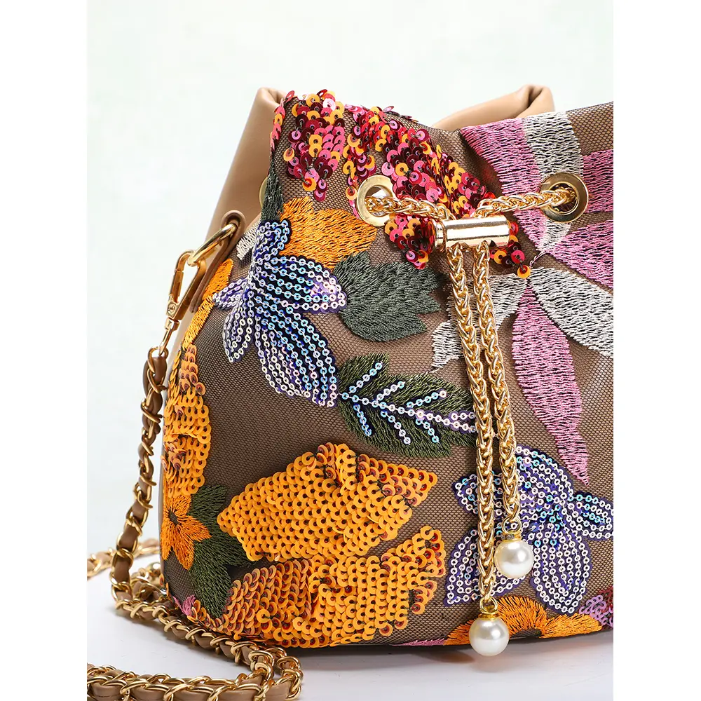Fashion Flower Sequined Bucket Bag Embroidery Appliques Shoulder Bag Chains Drawstring Crossbody Bags for Women PU Leather Purse