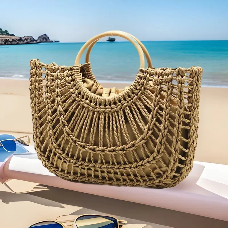 Hollow Woven Straw Basket Bag Round Handle Beach Women Handbag Large Capacity Travel Rattan Bags for Women Half Moon Tote Bag