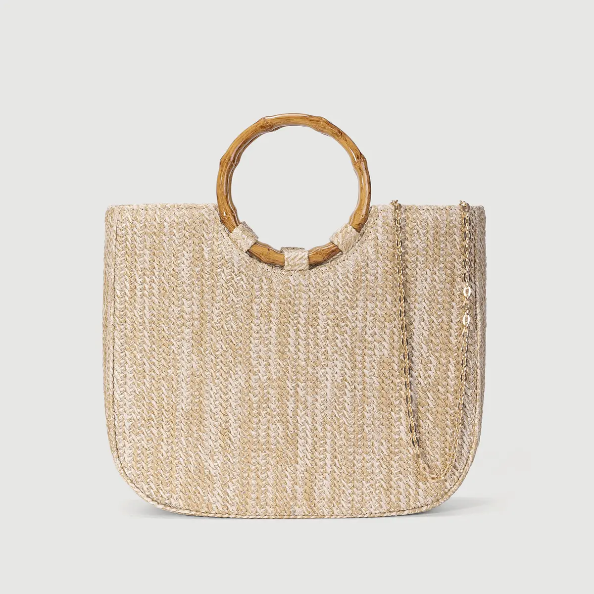 Faux Bamboo Handle Beach Bag Round Woven Bags for Women Handbags Bohemian Travel Straw Shoulder Bag Shopper Tote Clutch Purses