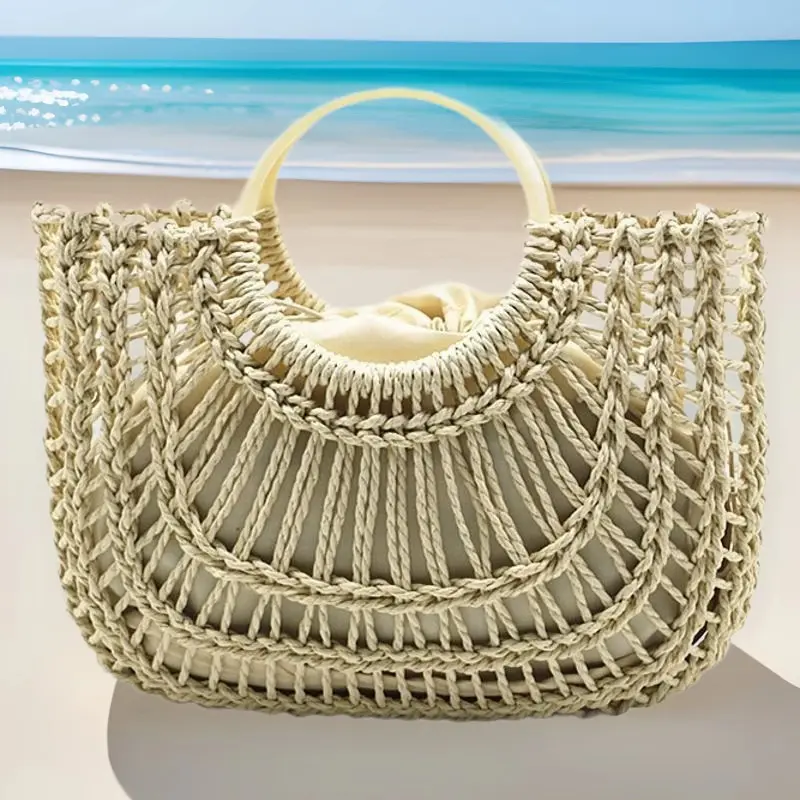 Hollow Woven Straw Basket Bag Round Handle Beach Women Handbag Large Capacity Travel Rattan Bags for Women Half Moon Tote Bag