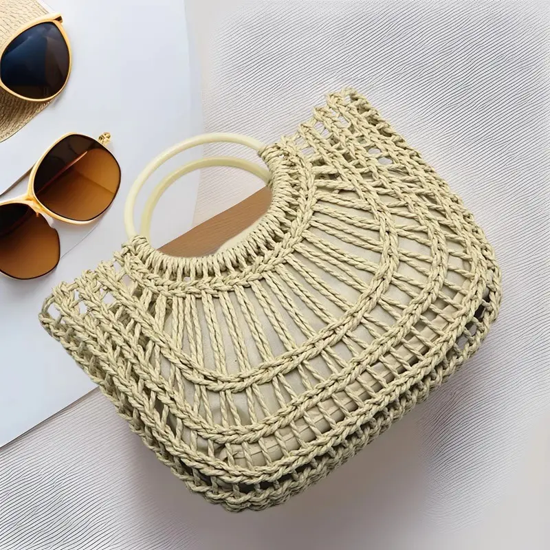 Hollow Woven Straw Basket Bag Round Handle Beach Women Handbag Large Capacity Travel Rattan Bags for Women Half Moon Tote Bag