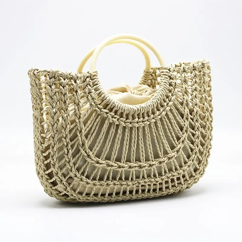 Hollow Woven Straw Basket Bag Round Handle Beach Women Handbag Large Capacity Travel Rattan Bags for Women Half Moon Tote Bag
