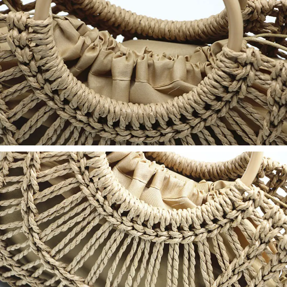 Hollow Woven Straw Basket Bag Round Handle Beach Women Handbag Large Capacity Travel Rattan Bags for Women Half Moon Tote Bag