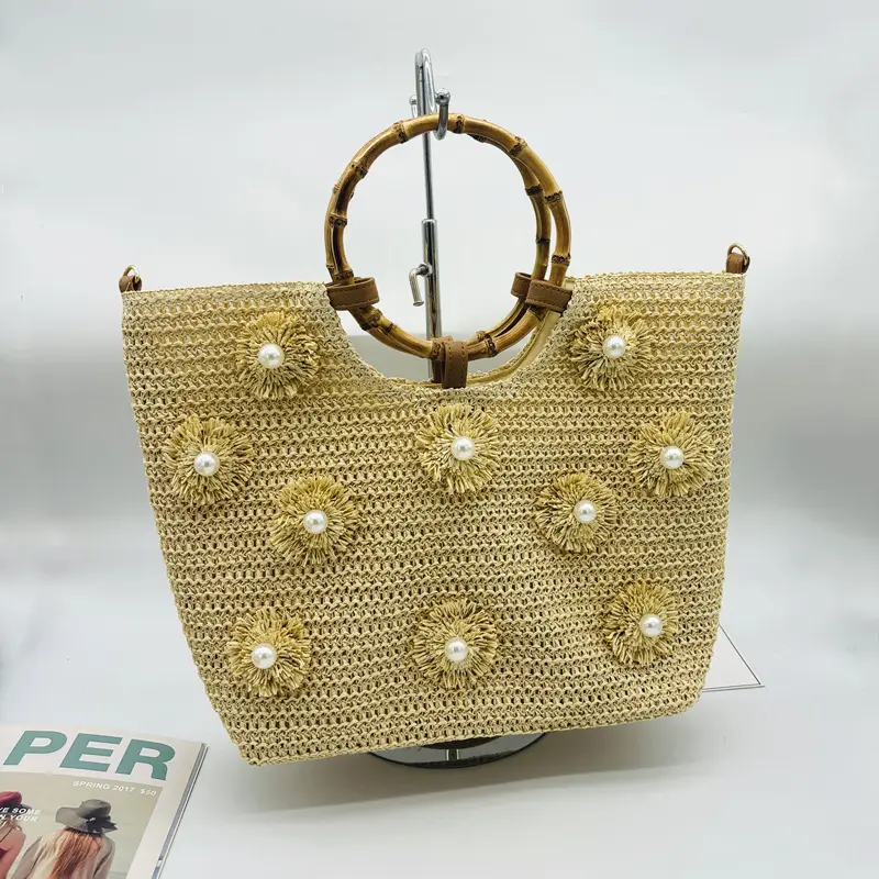 Bamboo Handle Tote Bag Bohemian Woven Straw Bags for Women Handbags Summer Pearl Flower Beach Bag Crochet Shopper Purses Clutch