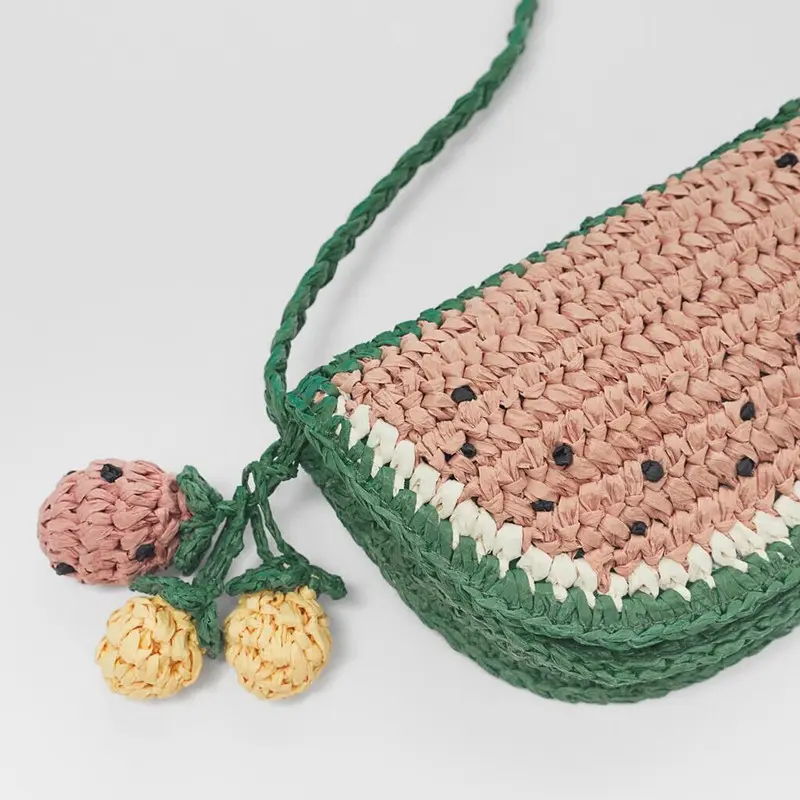 Watermelon Woven Bag Cute Fruit Straw Bags for Women Waist Pack Crochet Shoulder Crossbody Bags Handmade Paper Rope Beach Bag
