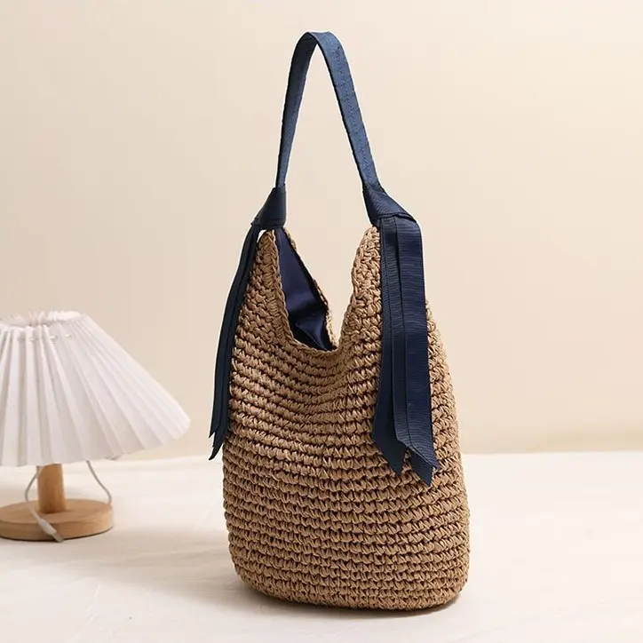 Ribbon Woven Beach Bags for Women Handbag Summer Large Capacity Straw Shoulder Bag Handmade Crochet Hobos Shopper Tote Purses