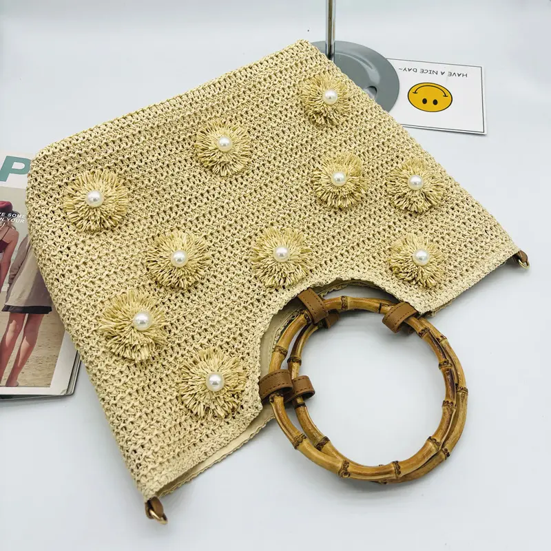 Bamboo Handle Tote Bag Bohemian Woven Straw Bags for Women Handbags Summer Pearl Flower Beach Bag Crochet Shopper Purses Clutch