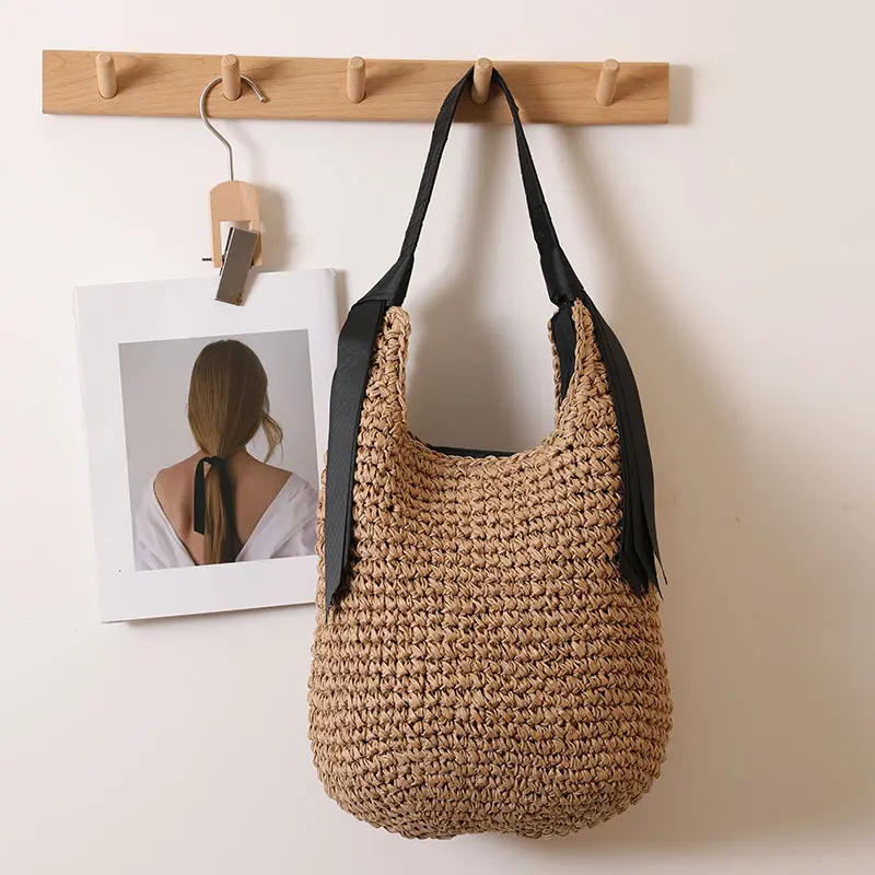 Ribbon Woven Beach Bags for Women Handbag Summer Large Capacity Straw Shoulder Bag Handmade Crochet Hobos Shopper Tote Purses