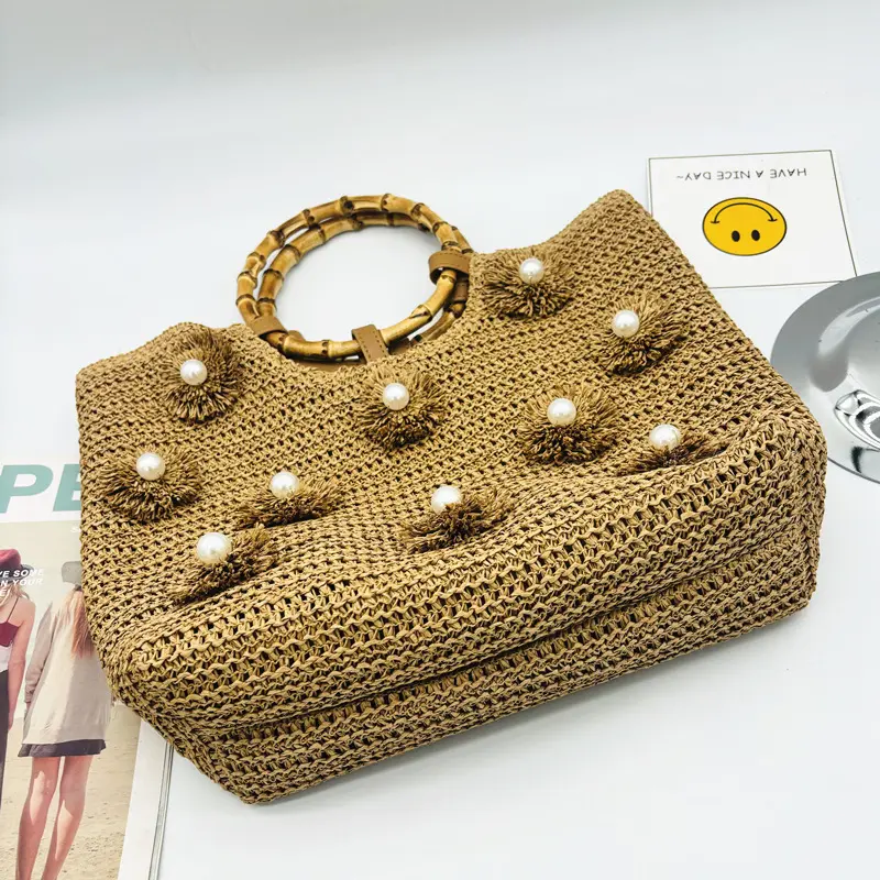 Bamboo Handle Tote Bag Bohemian Woven Straw Bags for Women Handbags Summer Pearl Flower Beach Bag Crochet Shopper Purses Clutch