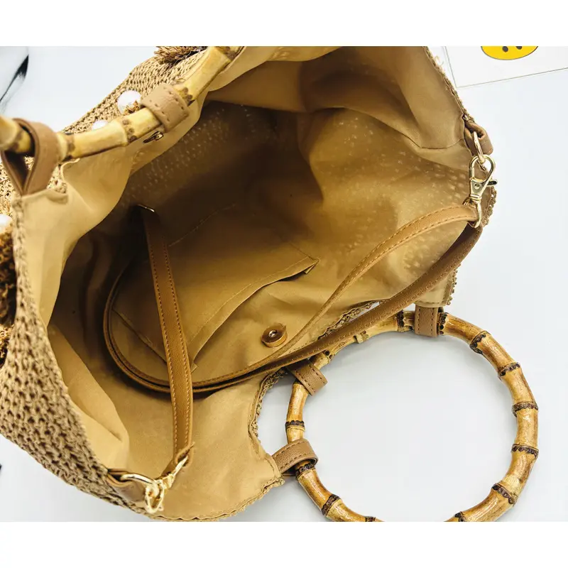 Bamboo Handle Tote Bag Bohemian Woven Straw Bags for Women Handbags Summer Pearl Flower Beach Bag Crochet Shopper Purses Clutch