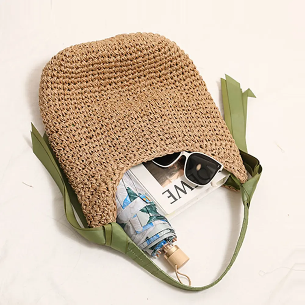 Ribbon Woven Beach Bags for Women Handbag Summer Large Capacity Straw Shoulder Bag Handmade Crochet Hobos Shopper Tote Purses