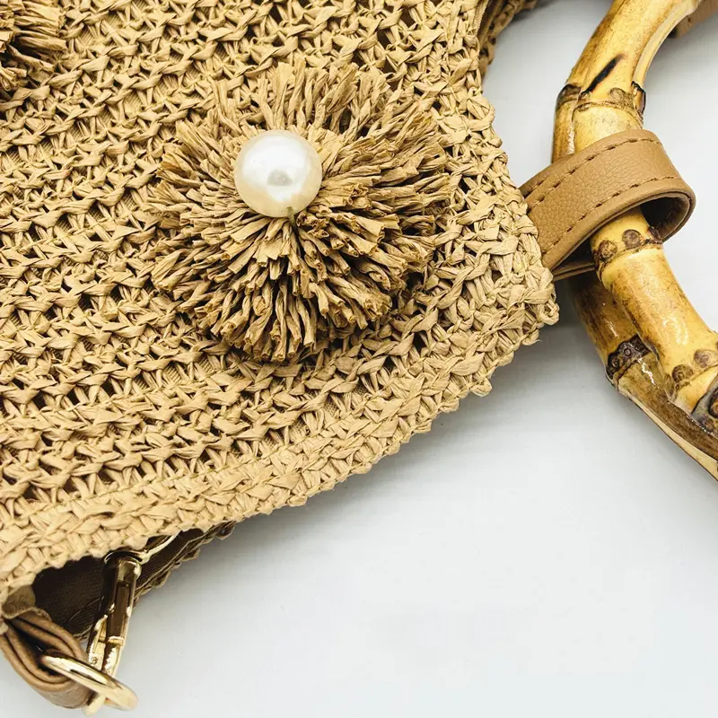 Bamboo Handle Tote Bag Bohemian Woven Straw Bags for Women Handbags Summer Pearl Flower Beach Bag Crochet Shopper Purses Clutch
