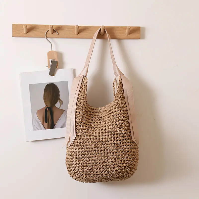 Ribbon Woven Beach Bags for Women Handbag Summer Large Capacity Straw Shoulder Bag Handmade Crochet Hobos Shopper Tote Purses
