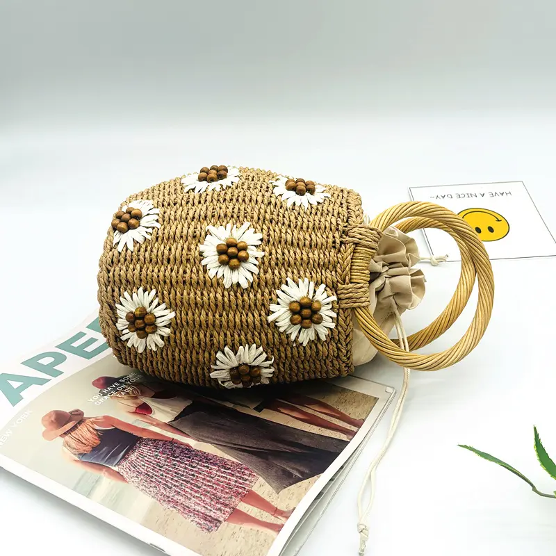 Summer Wooden Beads Flower Handbag Woven Straw Bags for Women Daisy Rattan Handle Bucket Bag Barrel-shaped Travel Beach Bag NEW