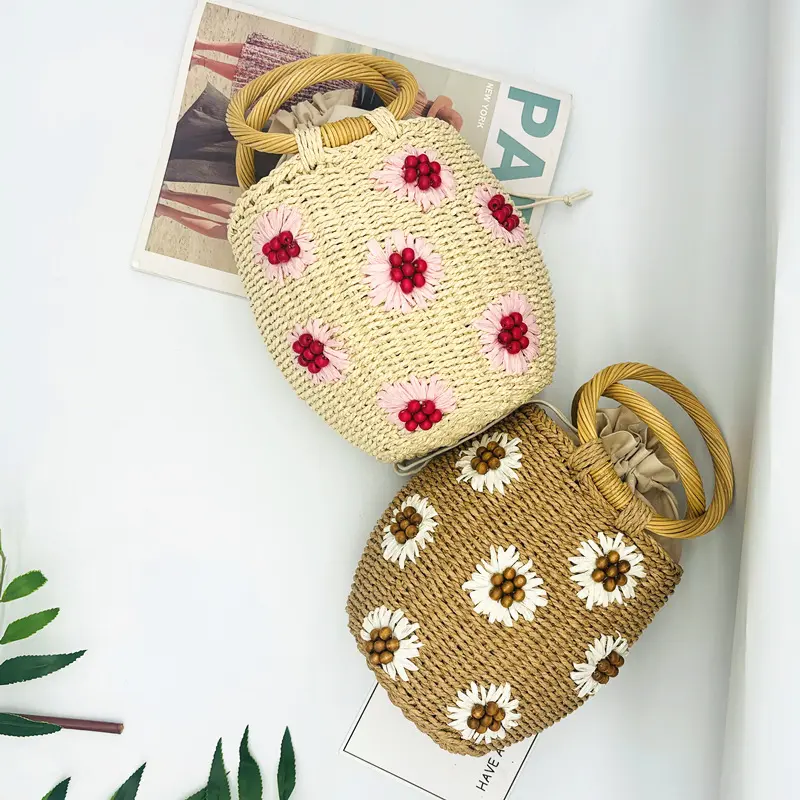 Summer Wooden Beads Flower Handbag Woven Straw Bags for Women Daisy Rattan Handle Bucket Bag Barrel-shaped Travel Beach Bag NEW