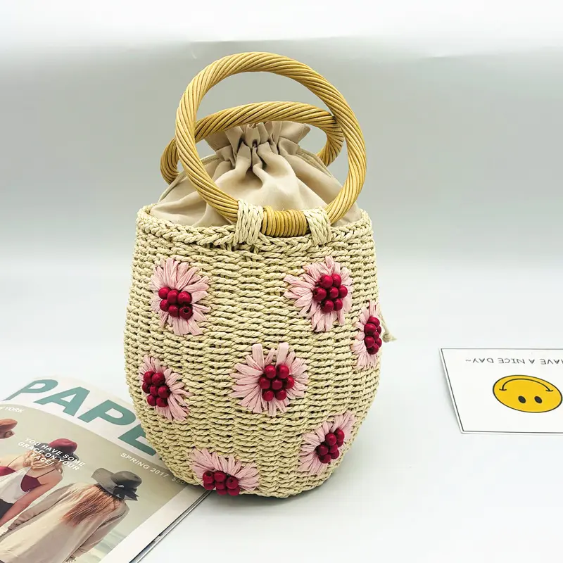 Summer Wooden Beads Flower Handbag Woven Straw Bags for Women Daisy Rattan Handle Bucket Bag Barrel-shaped Travel Beach Bag NEW