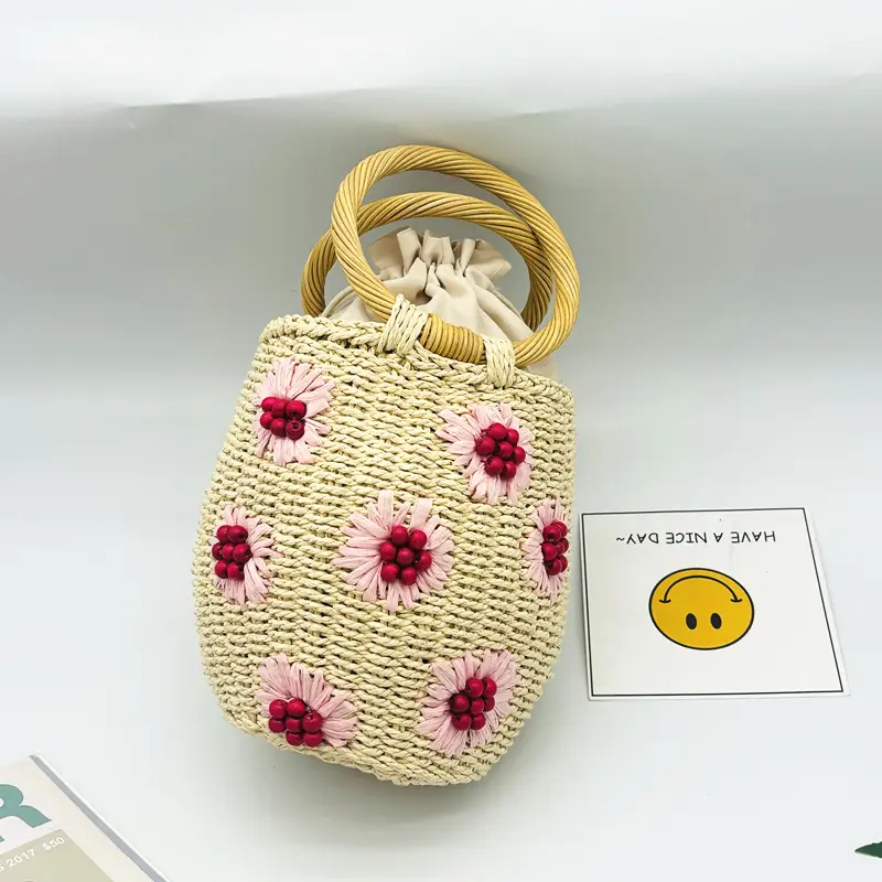 Summer Wooden Beads Flower Handbag Woven Straw Bags for Women Daisy Rattan Handle Bucket Bag Barrel-shaped Travel Beach Bag NEW