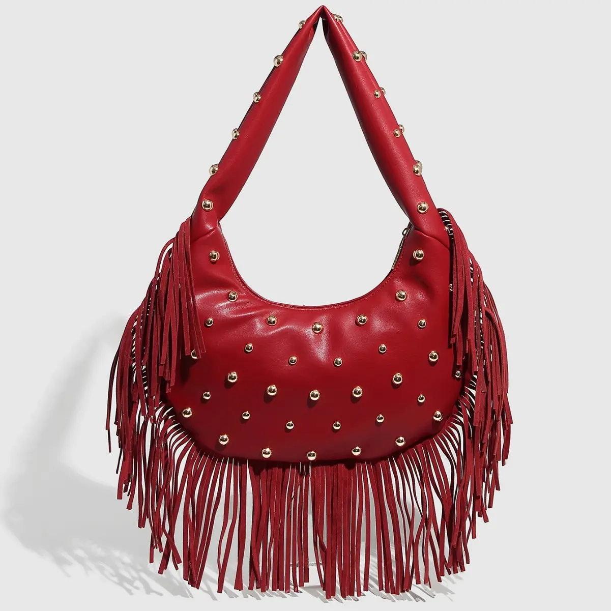 Half Moon Tassel Cloud Bag Fashion Rivet Shoulder Bags for Women Soft PU Leather Handbag and Purses Punk Underarm Bag Clutch NEW