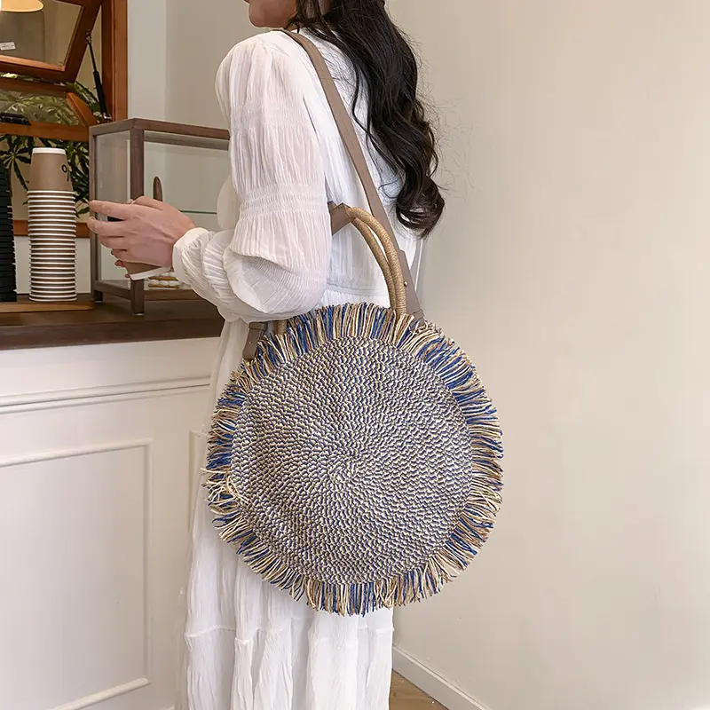 Summer Tassel Round Straw Bag Handmade Crochet Women Shoulder Bag Travel Beach Bags for Women 2025 Handbag Knitting Woven Bags