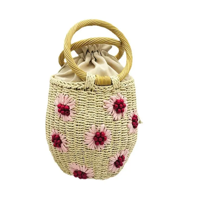 Summer Wooden Beads Flower Handbag Woven Straw Bags for Women Daisy Rattan Handle Bucket Bag Barrel-shaped Travel Beach Bag NEW