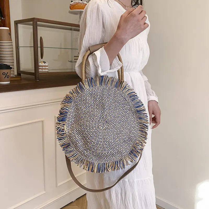 Summer Tassel Round Straw Bag Handmade Crochet Women Shoulder Bag Travel Beach Bags for Women 2025 Handbag Knitting Woven Bags